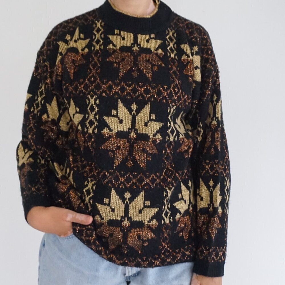 Vintage Rose Black Gold Cotton Knit Retro Eclectic Grandpa Holiday Sweater L